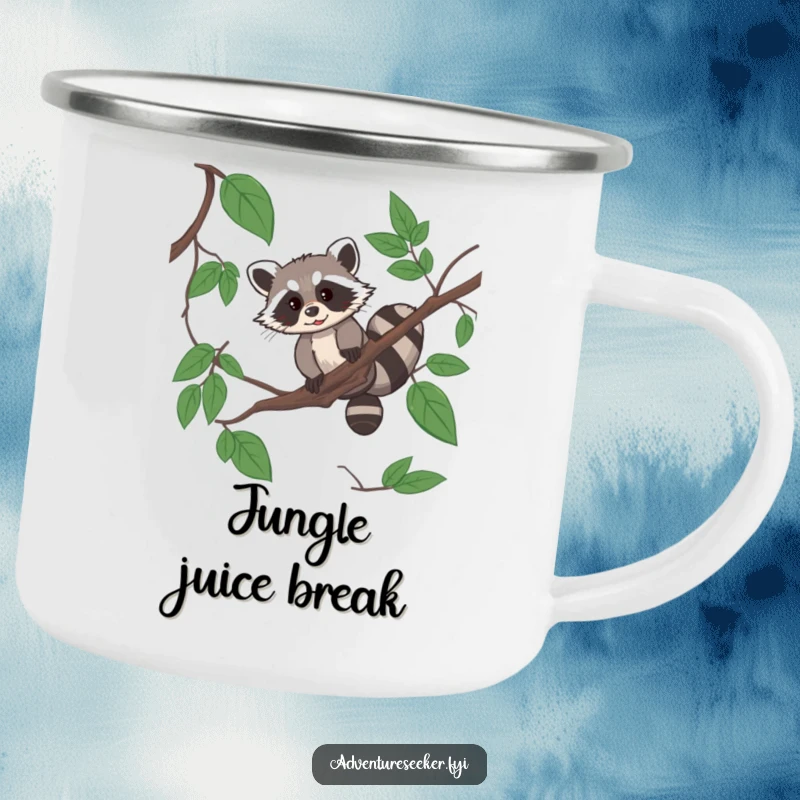 Funny raccoon acrobat camping mug with a resourceful raccoon navigating a jungle vine, perfect for camp.