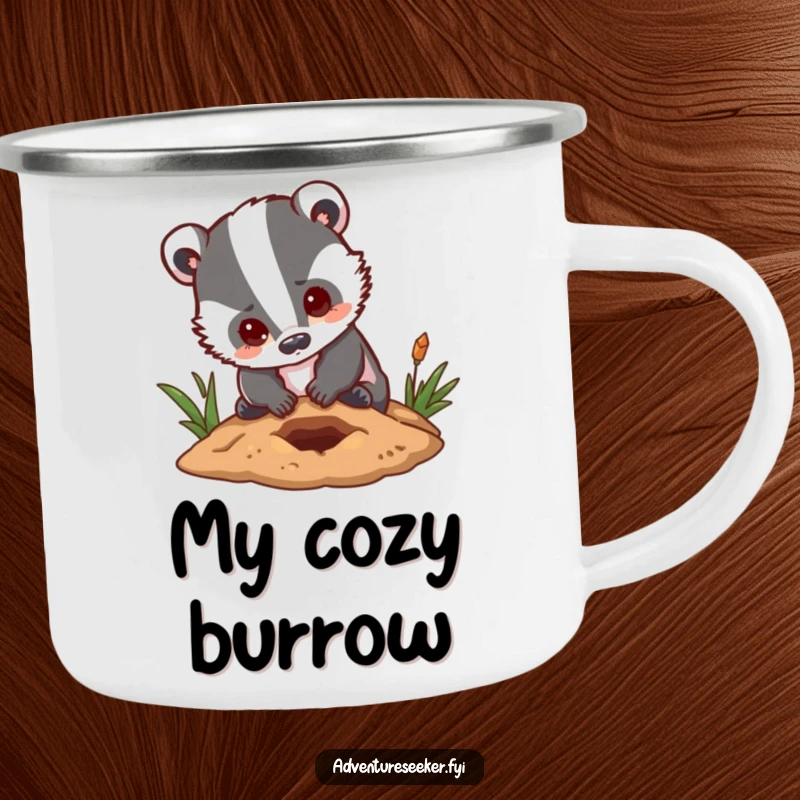 Funny badger camping mug showing a determined character digging a hole with a hopeful expression, ideal for rugged adventures.