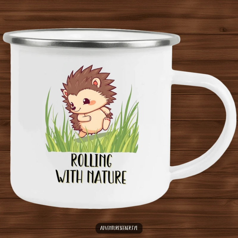 Funny hedgehog camping mug showing a brave character rolling through tall grass with a determined spirit, ideal for outdoor exploration.
