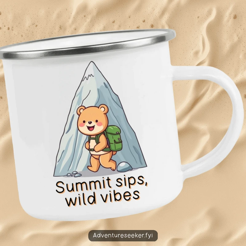 Funny camping mug with a happy bear backpacker climbing a huge mountain, designed for outdoor enthusiasts and a humorous experience.