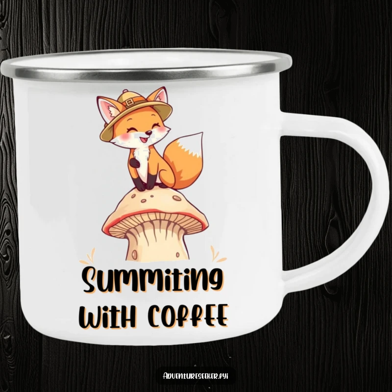 Funny Fox Pith Helmet Camping Mug. Features a fox climbing a mushroom for adventurous outdoor sipping.