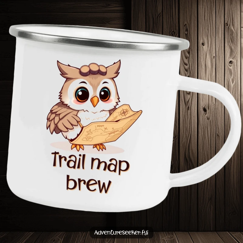 Funny camping mug with a curious owl navigator character studying a map, durable and inspiring wisdom.