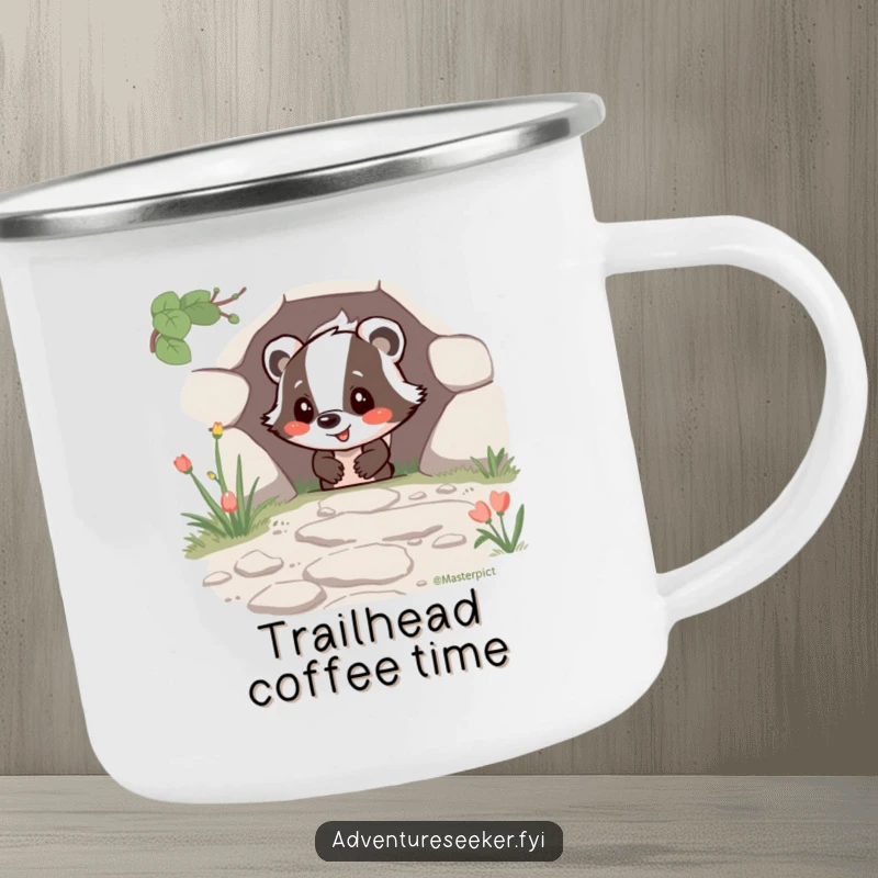 Funny Happy Badger Camping Mug featuring a joyful badger character finding a hidden path, perfect for outdoor humorous enjoyment.