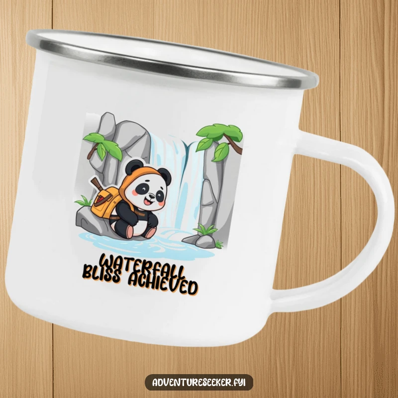 Funny camping mug with a content panda adventurer relaxing by a stylized waterfall, ideal for enjoying beverages outdoors.