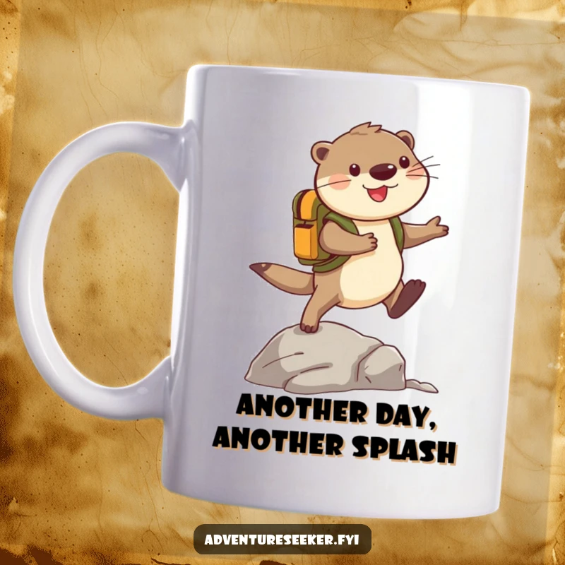 Funny Otter Mug: A cheerful adventurer otter with a tiny backpack leaps over a rock, showcasing playful exploration and a bright, optimistic spirit.