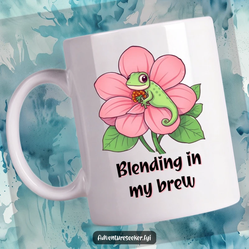 Funny mug featuring a playful chameleon perfectly blended onto a giant, vividly colored flower, showcasing its amazing color-changing ability.