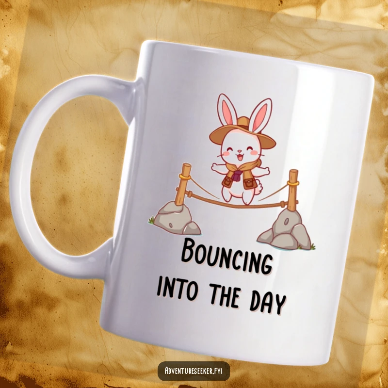 Funny mug featuring a cheerful rabbit scout character bravely crossing a wobbly rope bridge, symbolizing courage and determination.