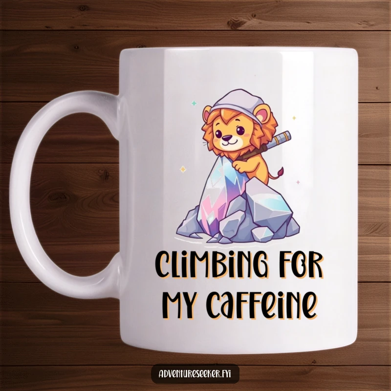 Funny Lion Explorer Mug: A brave lion artistically scaling a glittering crystal, expressing ambition and humor.