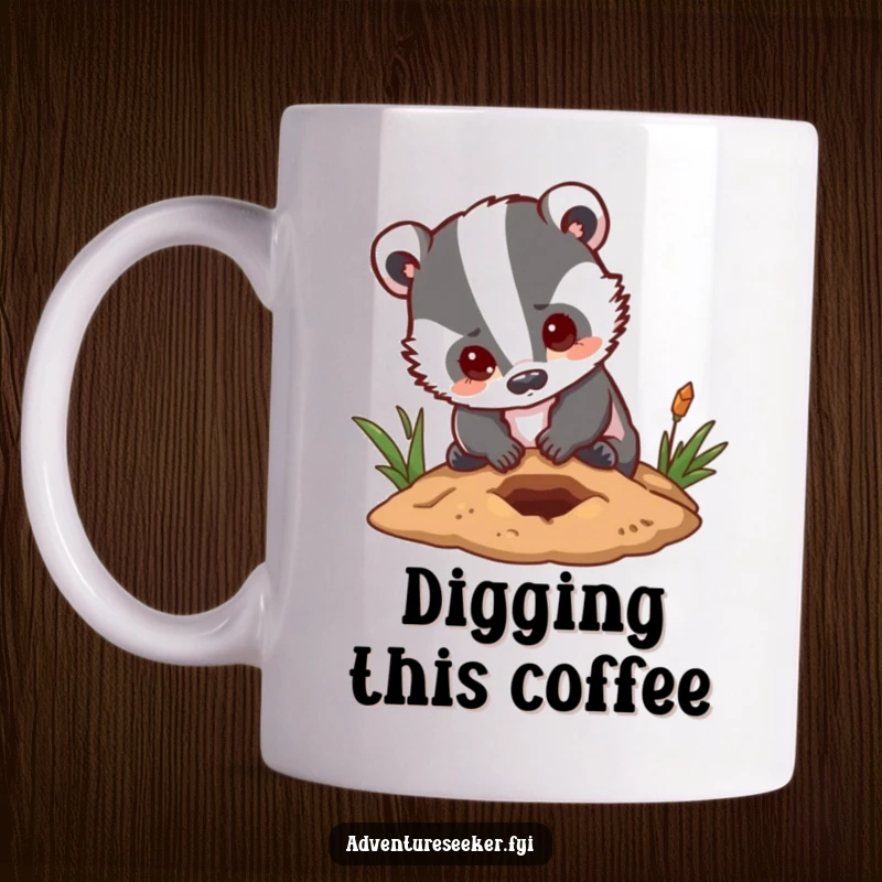 Funny badger mug featuring a determined character enthusiastically digging a small hole with a hopeful, optimistic expression on its face.