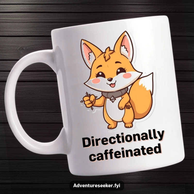 Funny Fox Mug: Smiling character holding a compass, pointing forward with determination, a funny symbol of guidance.