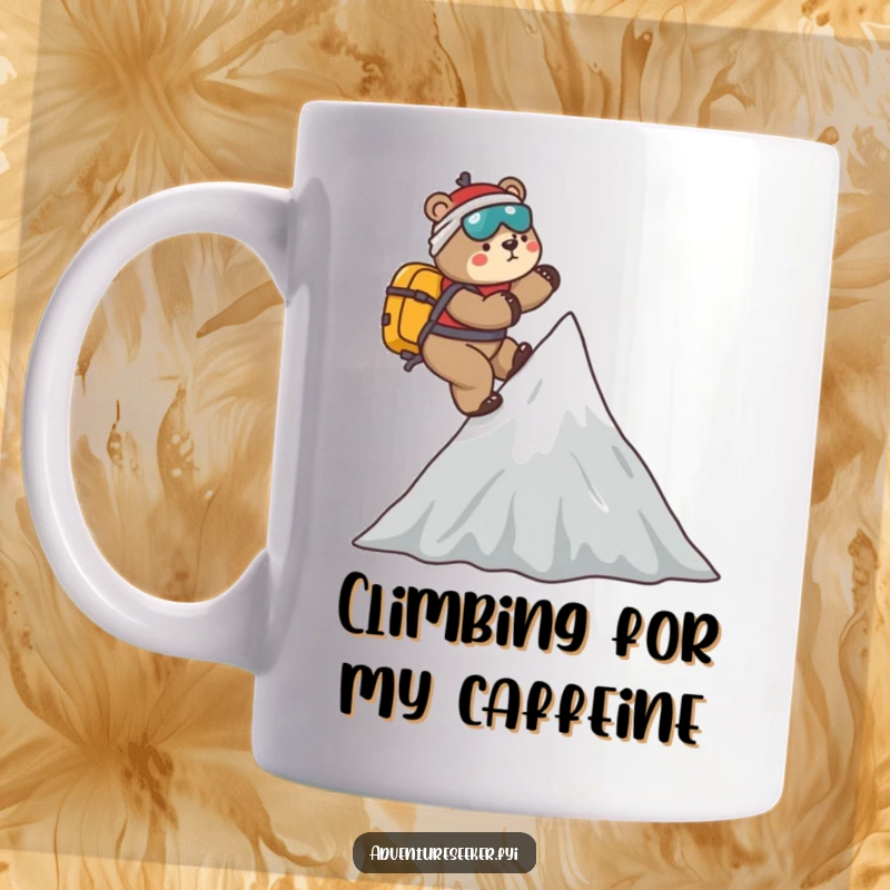 Funny Bear Mountaineer Mug: A playful bear climbs a small mountain peak, symbolizing ambition, fun, and reaching goals.