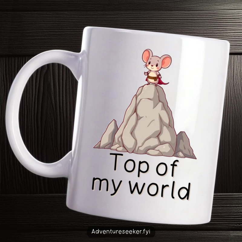 Funny mug with a brave little mouse character standing proudly atop a tall, ancient-looking rock, surveying the vast landscape.
