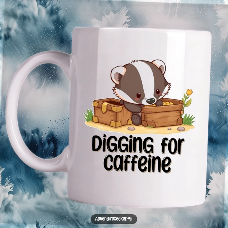Funny mug with a curious badger character digging excitedly near a partially revealed, sparkling treasure chest, hinting at discovery.