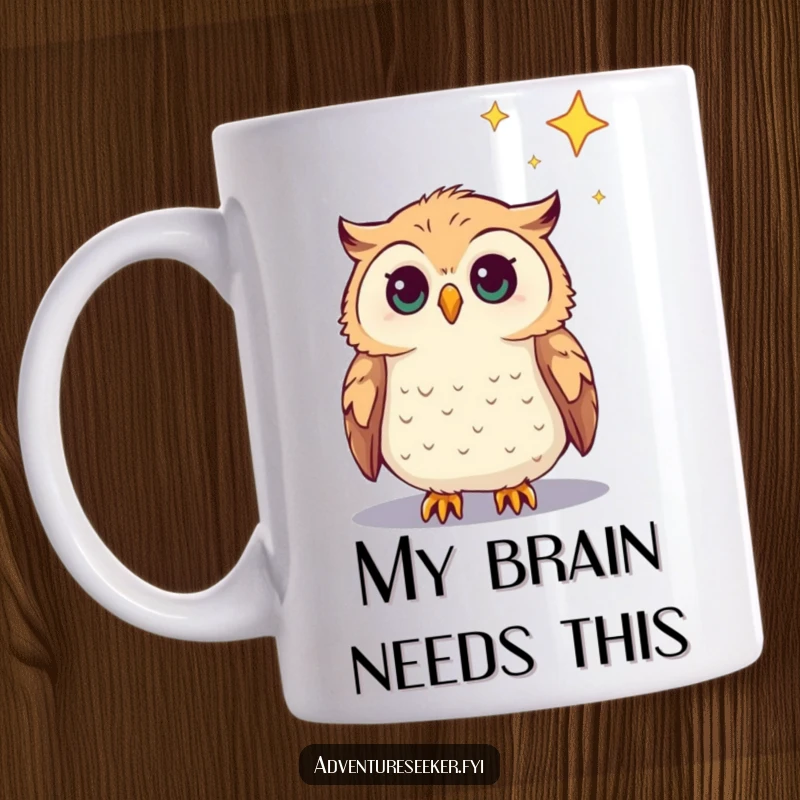 Funny Owl Mug featuring a curious owl character gazing intently at a distant, twinkling star, perfect gift for dreamers.