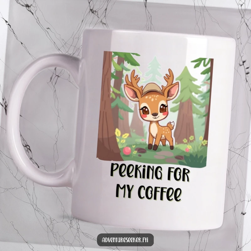 Funny mug featuring a shy deer scout character cautiously emerging from a dense forest, looking around with curiosity.