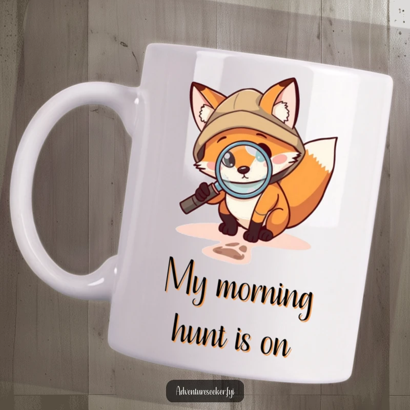 Funny Fox Explorer Mug: A brave fox uses a magnifying glass to inspect a tiny footprint, embodying curiosity and the thrill of discovery.