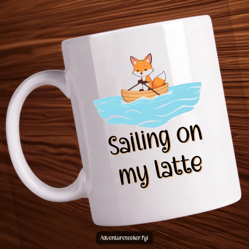 Funny mug showing a playful fox rowing a tiny boat on a vast ocean, symbolizing adventure and humorous determination.