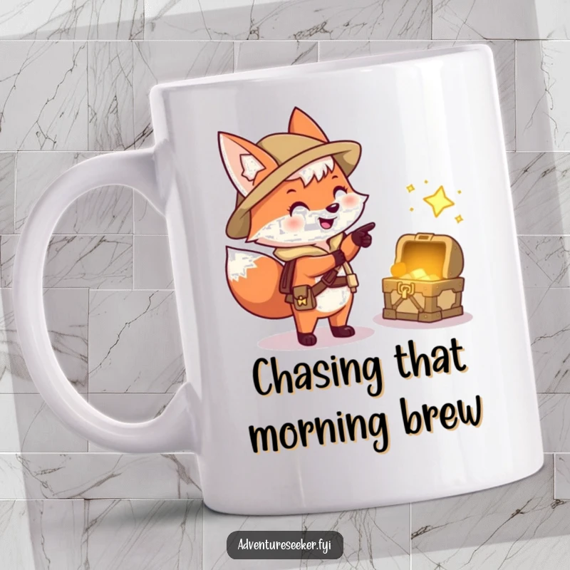 Funny mug featuring a happy fox explorer character excitedly pointing towards a sparkling treasure chest, symbolizing adventure and riches.