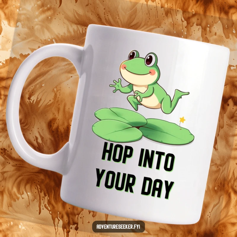 Funny smiling frog character on a mug, leaping joyfully across large lily pads. A happy funny gift.