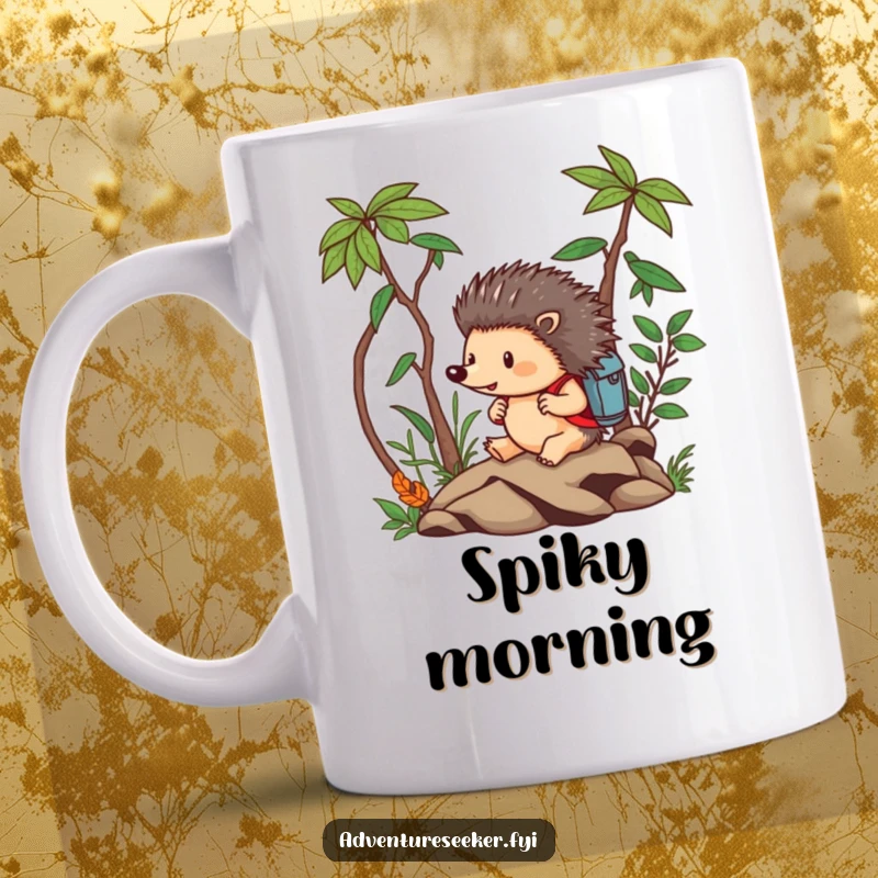 Funny Hedgehog Mug: Brave hedgehog fearlessly navigating a miniature jungle with a backpack, determined expression.