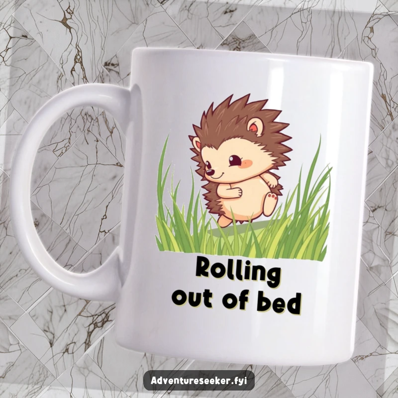 Funny hedgehog mug with a brave character determinedly rolling through tall grass, showcasing a resilient and spirited attitude.