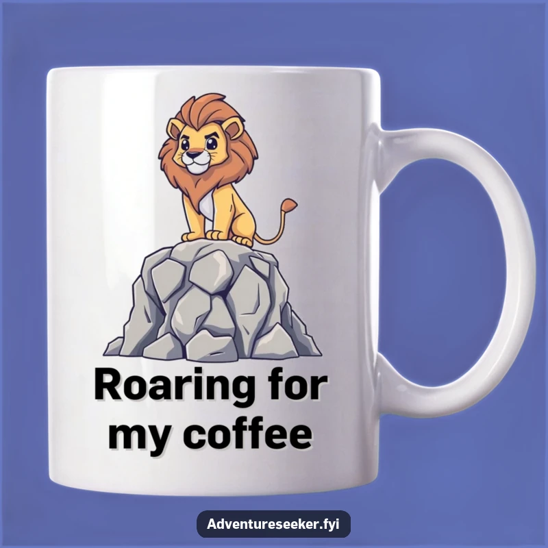 Funny Lion Mug: Brave Character's Surveying Stance, Majestic Funny Gift