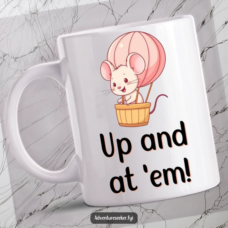 Funny energetic mouse character riding a miniature hot air balloon on a mug, looking thrilled. A joyful funny gift.