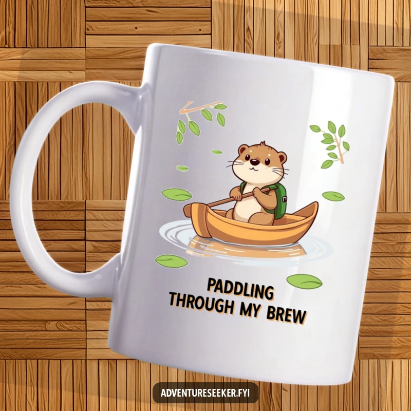 Funny Otter Leaf Boat Mug. A determined otter paddles a leaf boat across a pond with a backpack.