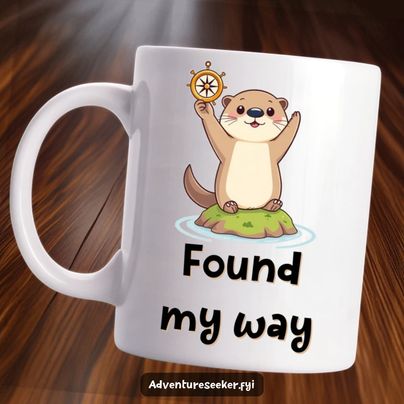 Funny Otter Mug: Curious otter triumphantly holding a tiny compass aloft on a small island with a pleased look.