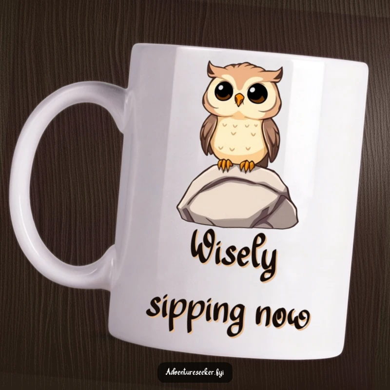Funny Owl Mug: Curious character perched on a rock, gazing into the distance with thoughtful eyes.