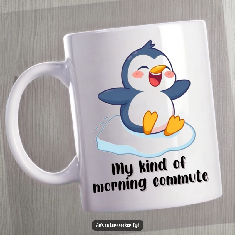 Funny mug featuring a cheerful penguin character gleefully sliding down a snowy slope, capturing pure winter fun, a great gift.