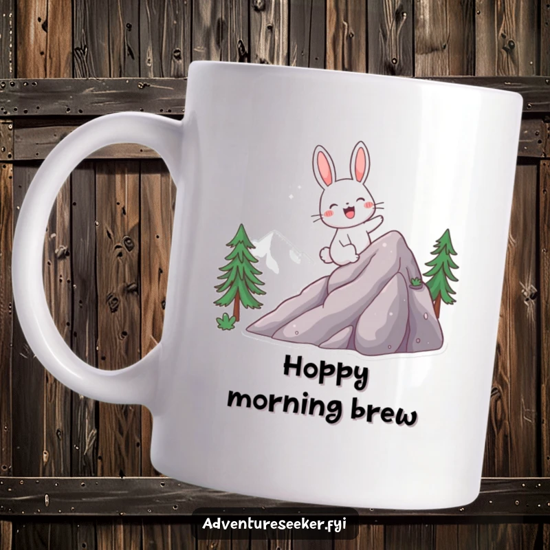 Funny mug featuring a giggling rabbit character excitedly climbing a mountain, embodying adventure and a cheerful pursuit.