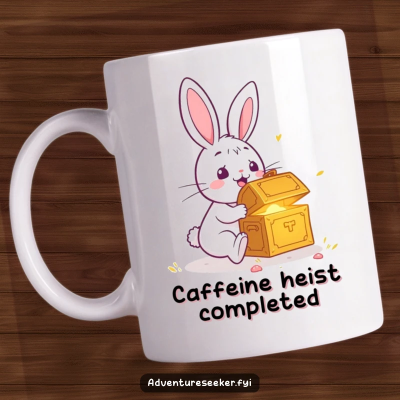 Funny mug showing a surprised rabbit discovering a glowing treasure chest, capturing a moment of unexpected delight and humor.