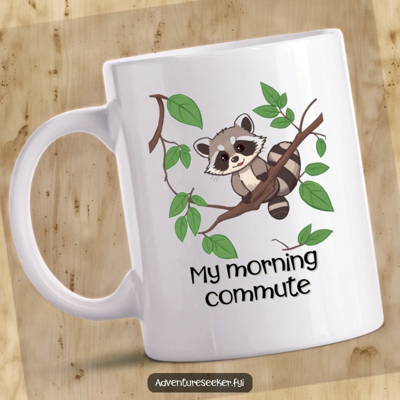 Funny raccoon acrobat mug showing a resourceful raccoon expertly navigating a jungle vine with agility.