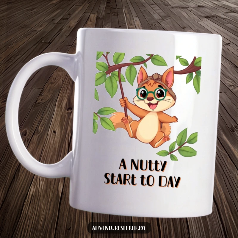 Funny Squirrel Explorer Mug: A determined squirrel swings from a vine with a wide smile, embodying joy, energy, and adventurous spirit.