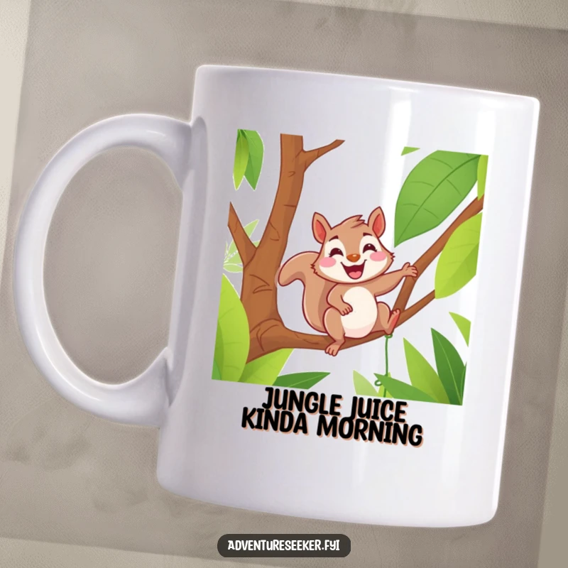 Funny mug showcasing a delighted squirrel with a big grin, gracefully navigating a jungle vine, embodying playful adventure and humor.