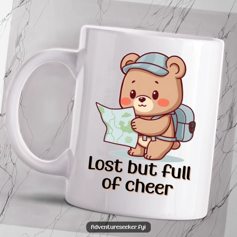 Funny Bear Mug: Cute character with backpack, eagerly studying a map, embodying a funny sense of direction and adventure.