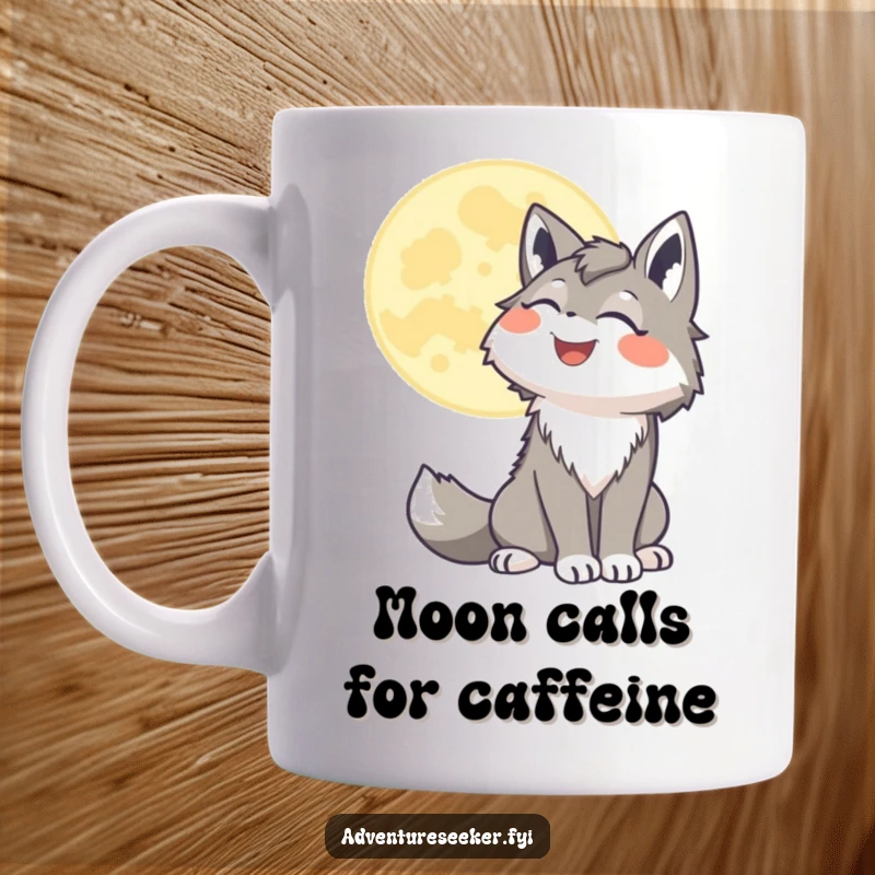 Funny wolf mug with a smiling character joyfully howling at a stylized, luminous moon, creating a whimsical night scene.