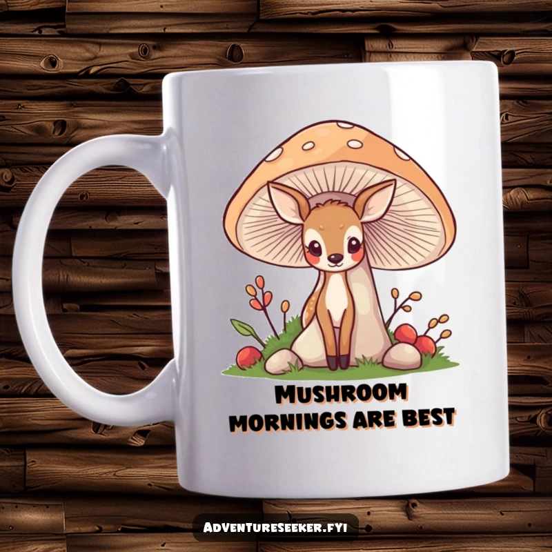 Funny Deer Mushroom Mug: A shy deer peeking from behind a friendly mushroom, embodying gentle curiosity and humor.
