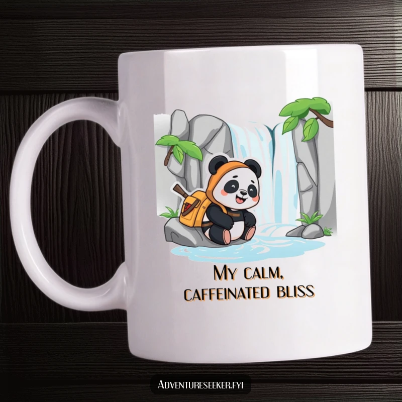 Funny mug featuring a content panda adventurer resting happily beside a beautiful, stylized waterfall, embodying peace and joy.