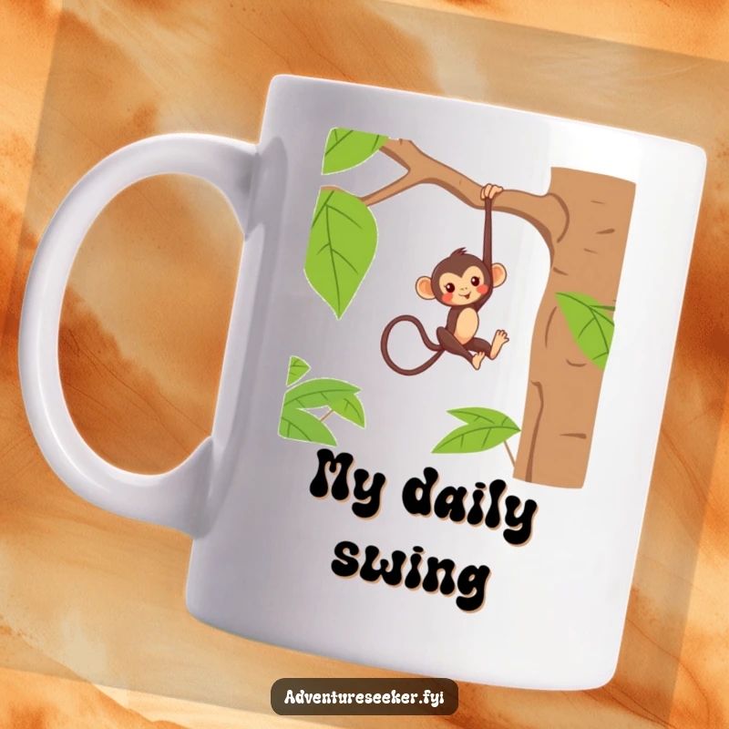 Funny mug with a mischievous monkey character playfully hanging upside down from a thick jungle tree branch, full of playful energy.