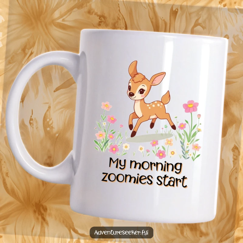 Funny deer mug with a playful character energetically leaping through a colorful field of blooming flowers, sharing pure, unadulterated joy.