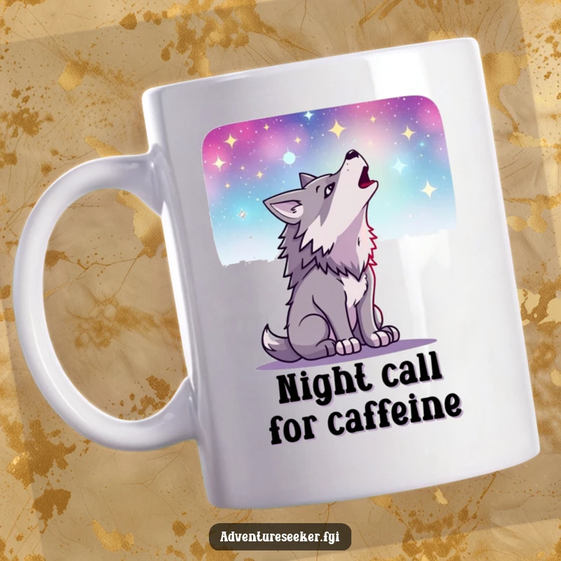 Funny mug featuring a determined wolf character howling at a breathtakingly vibrant and starry night sky, evoking wildness and wonder.