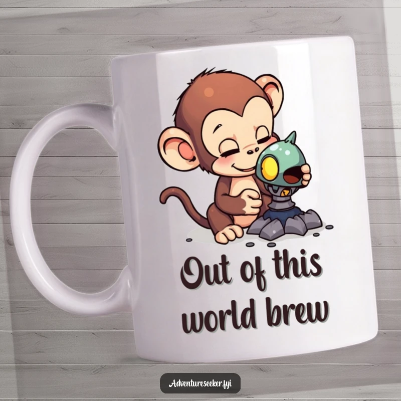 Funny mug showcasing a curious monkey intently examining a strange, glowing alien artifact, representing discovery and humorous intrigue.