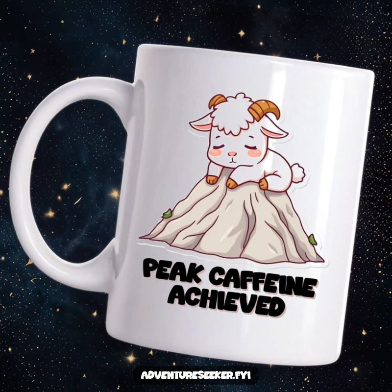 Funny Mountain Goat Mug featuring a contented goat character napping peacefully on a mountain peak, ideal humorous gift.