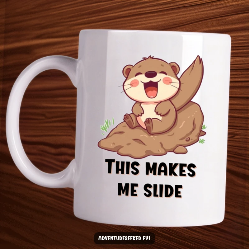 Funny otter mug with a giggling character gleefully sliding down a muddy hill, embodying pure, unadulterated joy and fun.