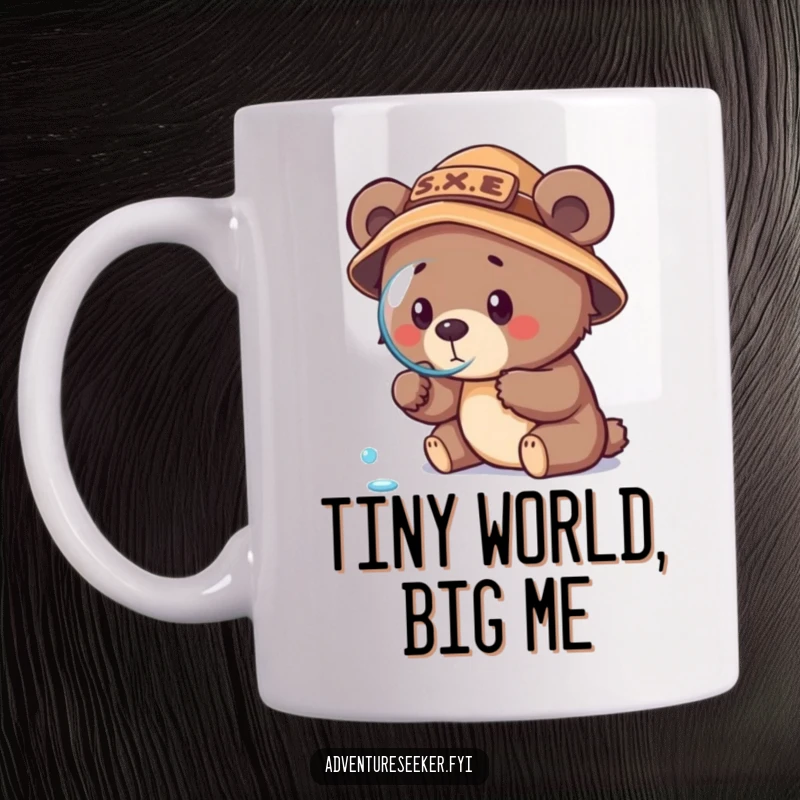 Funny bear cub explorer mug with tiny hat, peering with magnifying glass at a dewdrop, showing determination and curiosity.