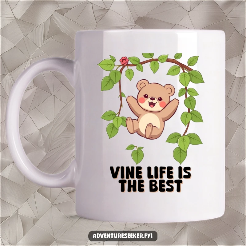 Funny mug featuring a small bear character joyfully swinging on a vine, embodying wild adventure and playful energy.