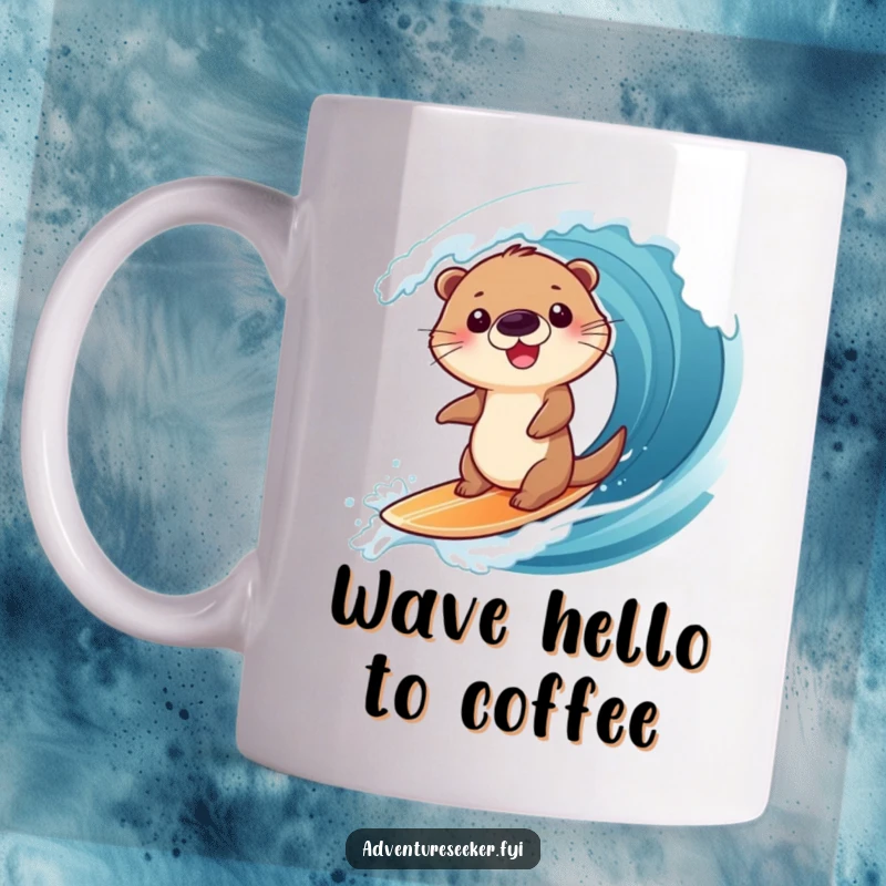 Funny mug featuring a giggling otter character joyfully surfing a massive ocean wave on a tiny board, capturing pure aquatic fun.