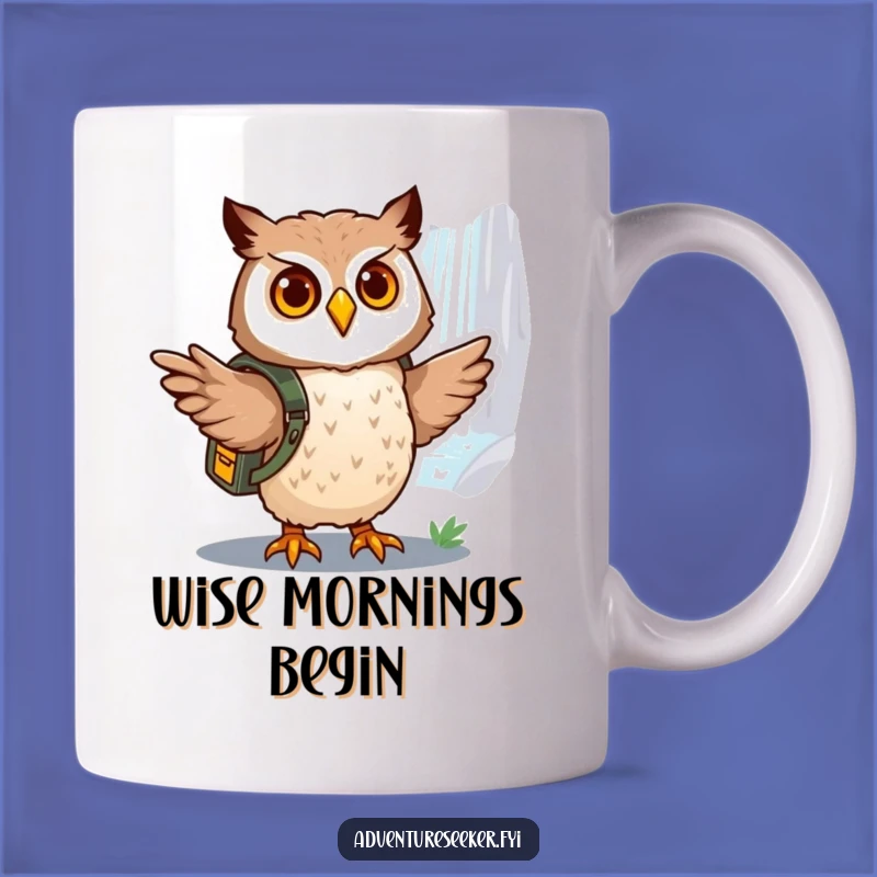 Funny Owl Explorer Mug: Brave Journey to a Shimmering Waterfall, Perfect Funny Gift